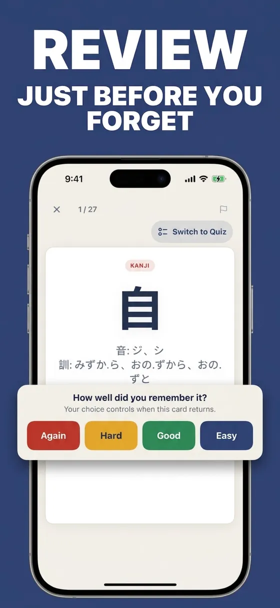 Kanji flashcard for 自 with Again, Hard, Good and Easy buttons